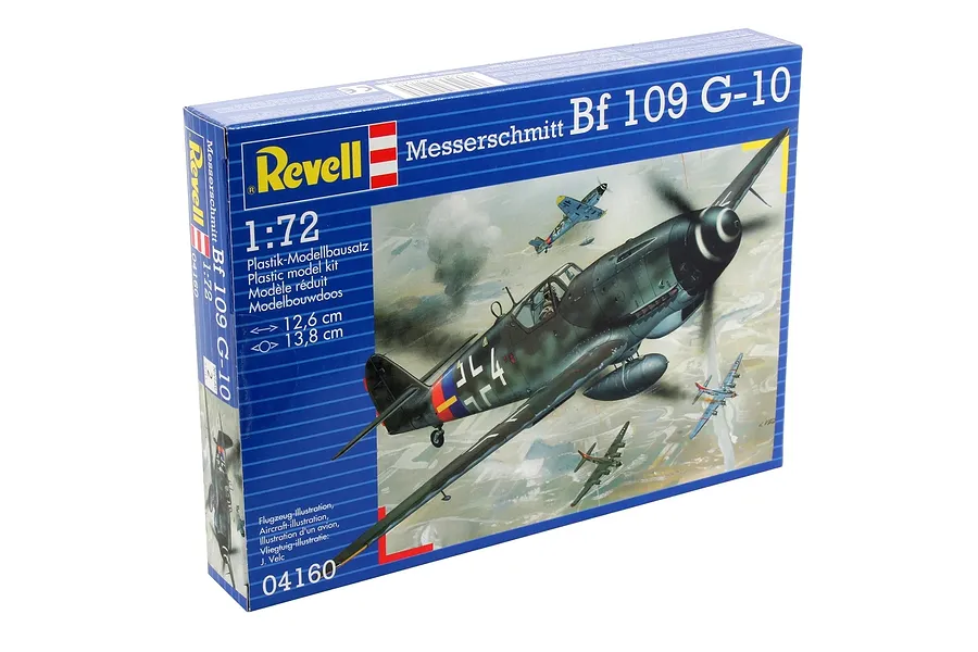 Revell 1/72 scale Messerschmitt Bf 109 G-10 plastic model kit box showing an illustration of the aircraft in flight.