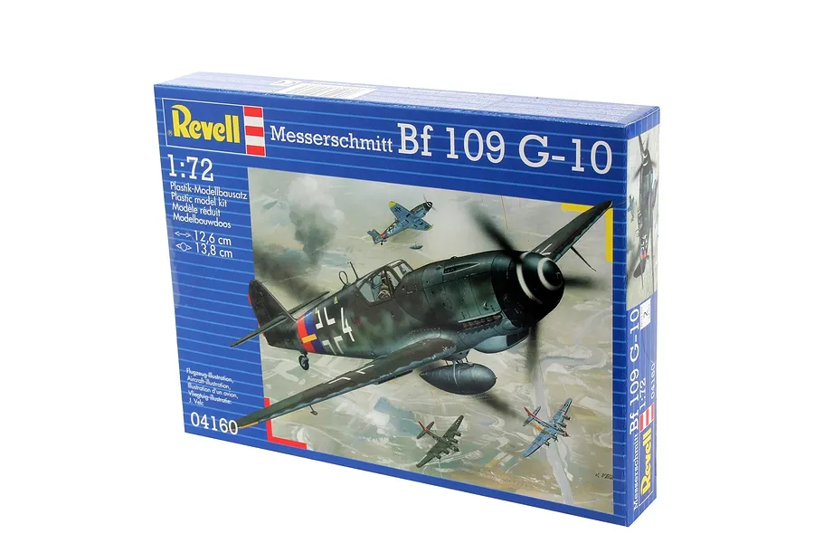 Revell 1/72 scale Messerschmitt Bf 109 G-10 plastic model kit box showing an illustration of the aircraft in flight.