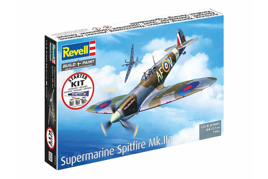 Revell 1/72 scale Supermarine Spitfire Mk.IIa plastic model starter kit box, featuring artwork of two Spitfires in flight against a blue sky.