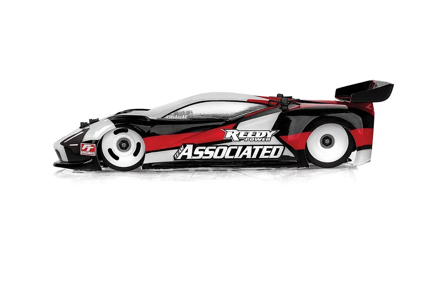 Side profile of a Team Associated TC28 1/28 scale RC touring car with a black, white, and red racing livery.