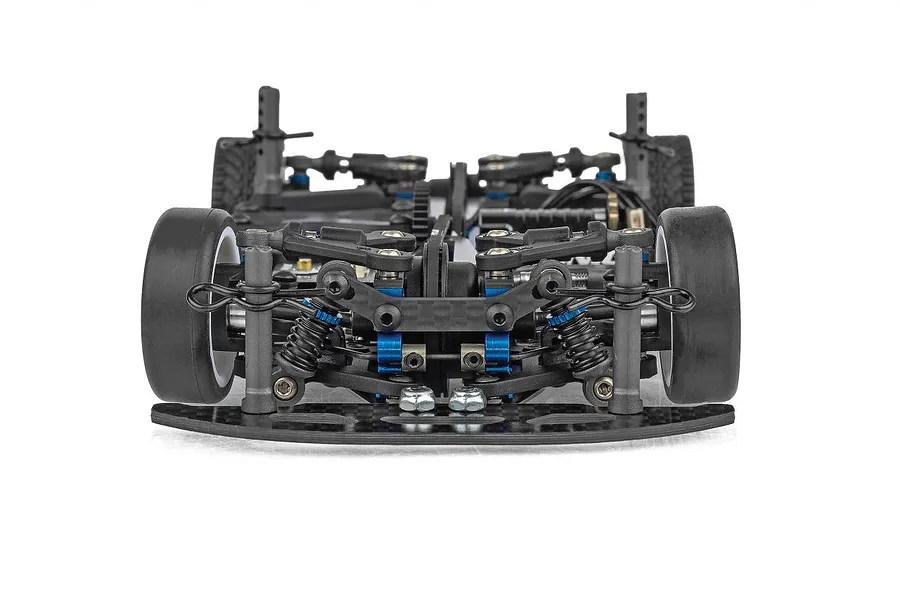 Front view of a Team Associated TC28 1/28 scale RC car chassis kit showing suspension, shocks, and carbon fiber components.