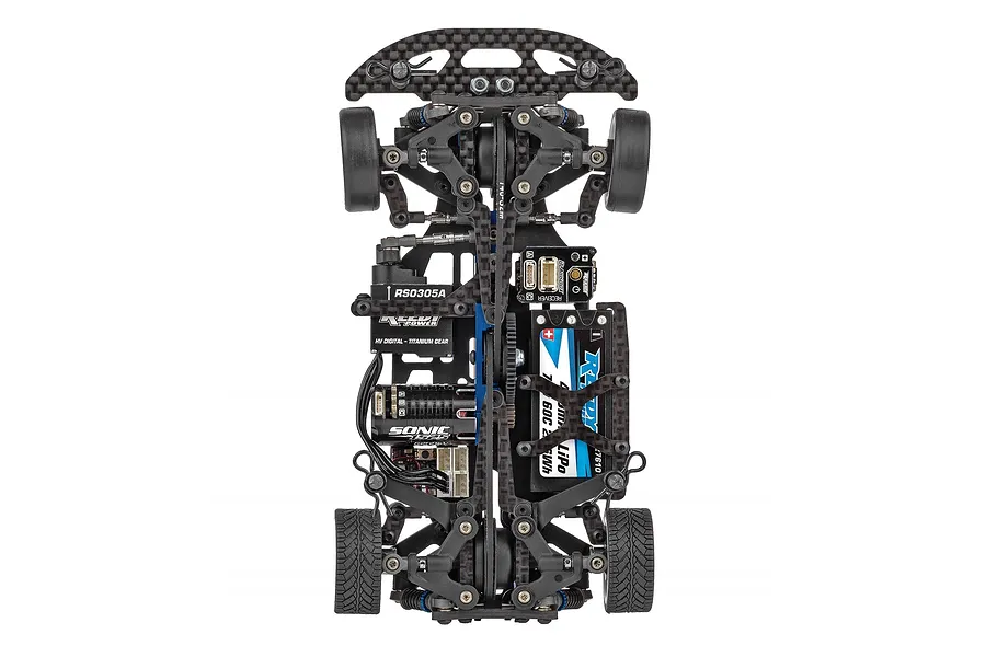 Top-down view of a Team Associated 1/28 scale RC touring car chassis showing carbon fiber components, motor, battery, and electronics.