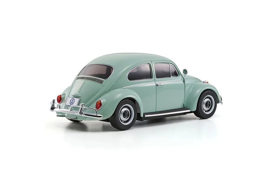 Rear three-quarter view of a Bahama Blue Kyosho Mini-Z 1966 Volkswagen Beetle RC car on a white background.