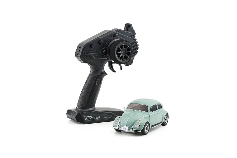 Kyosho Mini-Z 1966 Volkswagen Beetle RC car in Bahama Blue with its included Syncro KT-531P pistol-grip transmitter.