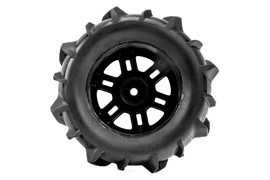 Pro-Line 1/16 Dumont MT paddle tyre mounted on a black split-six RC wheel, viewed from the front.