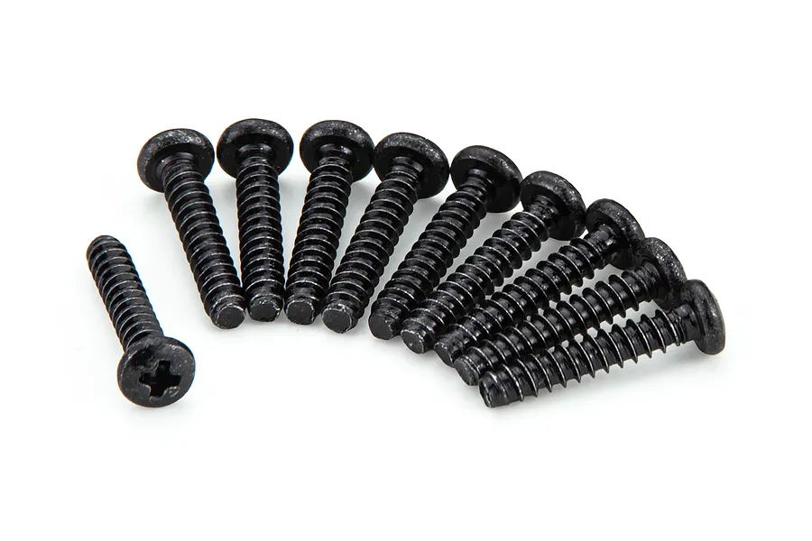 A set of ten black coarse thread binder head screws arranged in a semi-circle on a white background.