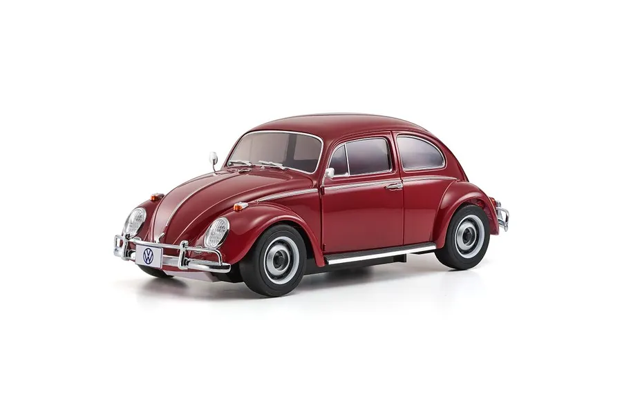 A studio shot of a ruby red Kyosho Mini-Z 1966 Volkswagen Beetle RC car on a white background.