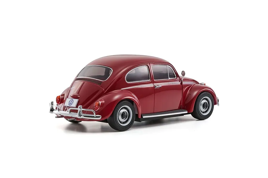 A rear three-quarter view of a ruby red Kyosho Mini-Z 1966 Volkswagen Beetle RC car on a white background.