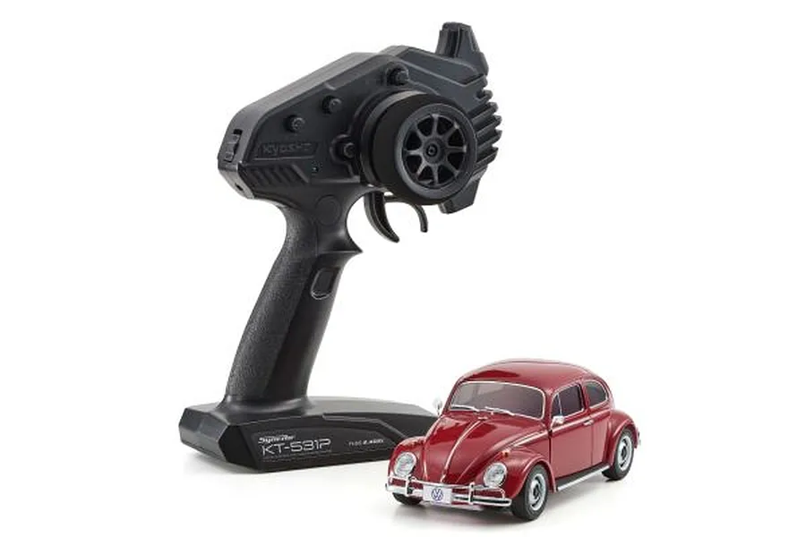 Kyosho Mini-Z MR-04N 1966 Volkswagen Beetle in ruby red with its included KT-531P transmitter on a white background.