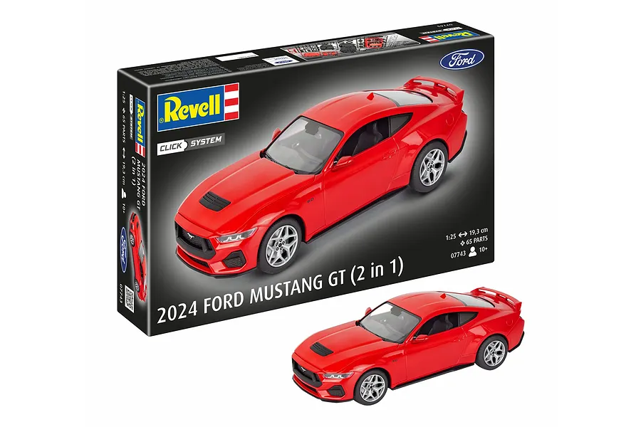 Revell 1/25 scale 2024 Ford Mustang GT model kit box and a fully assembled red model car on a white background.