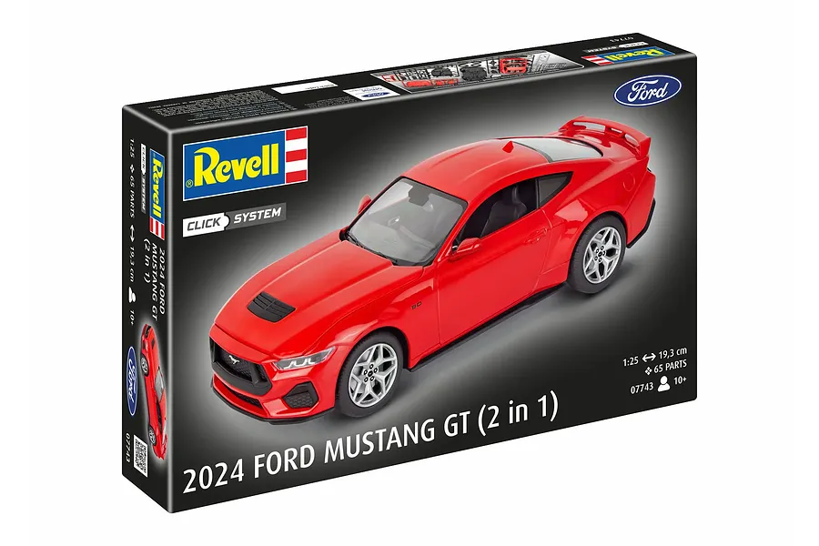 Revell 1/25 scale 2024 Ford Mustang GT Easy-Click model kit box showing a finished red model car on the front.