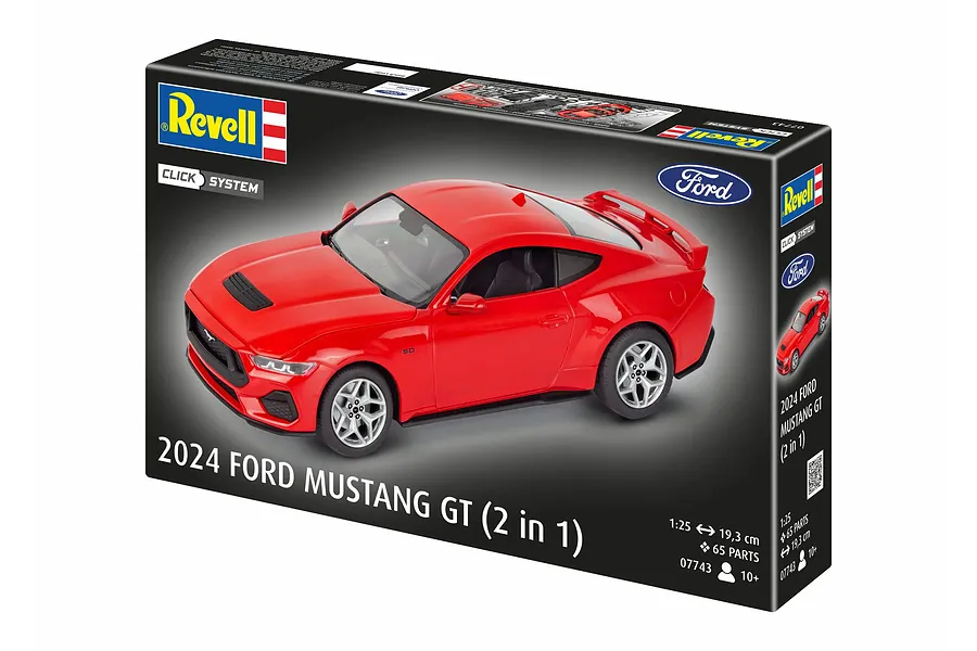 Revell 1/25 scale 2024 Ford Mustang GT Easy-Click plastic model kit box showing a red model car on a black background.