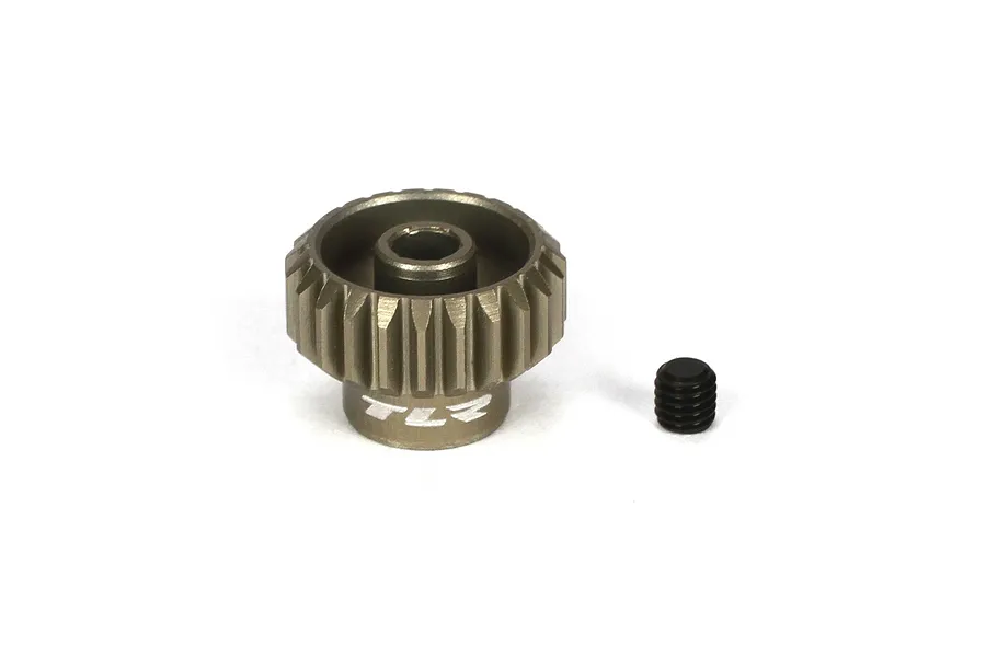 A TLR 23T 48P aluminium pinion gear with a small black grub screw beside it on a white background.