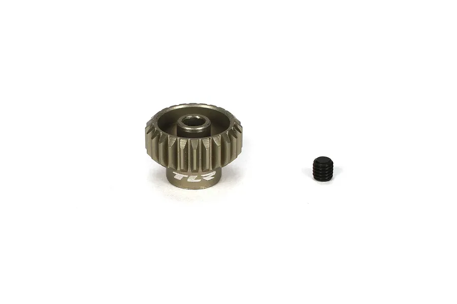 A TLR 24T 48P aluminum pinion gear with a black grub screw, isolated on a white background.