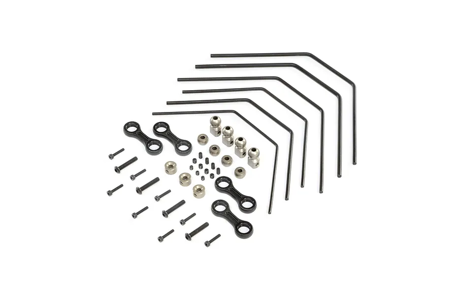 A TLR sway bar set for the 8X RC car, including multiple metal sway bars, black plastic links, metal ball studs, and various small screws.