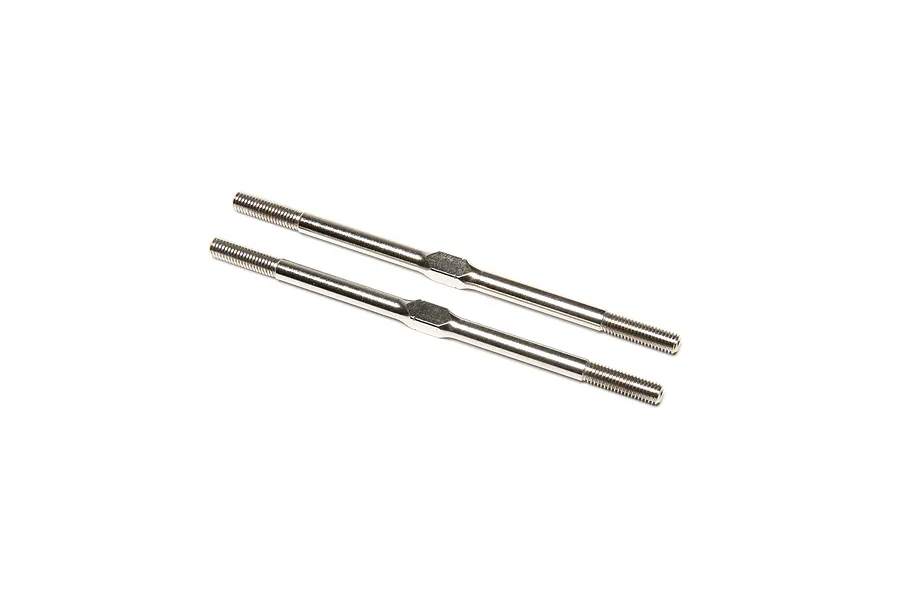 Two silver metal RC turnbuckles with threaded ends and a central hexagonal adjustment section on a white background.