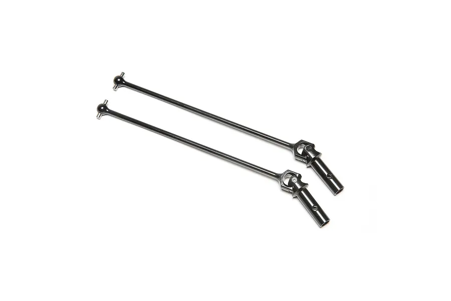 Two black metal universal driveshafts for an RC vehicle, shown against a plain white background.