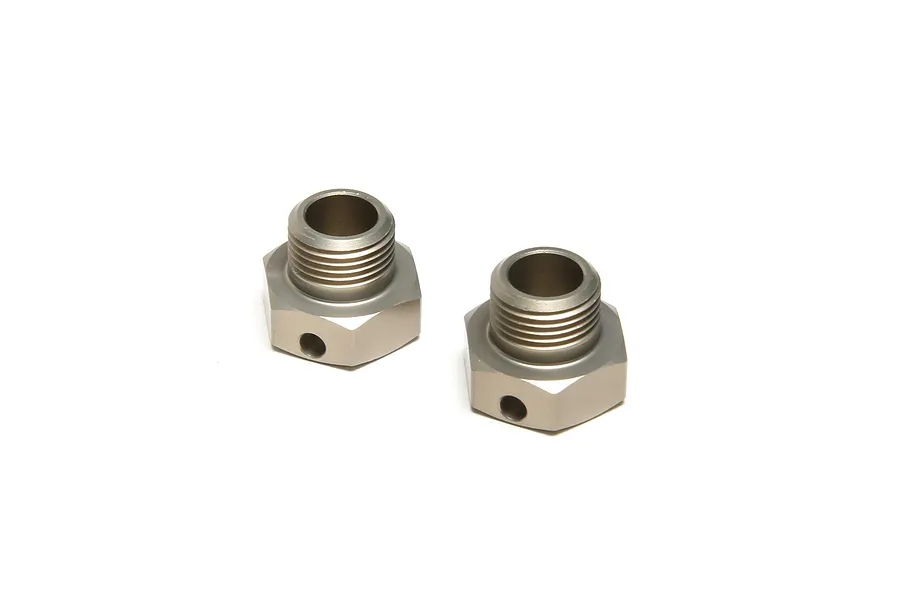 Two silver-coloured metal front wheel hex adapters for an RC vehicle, featuring a threaded barrel and a small hole for a pin.