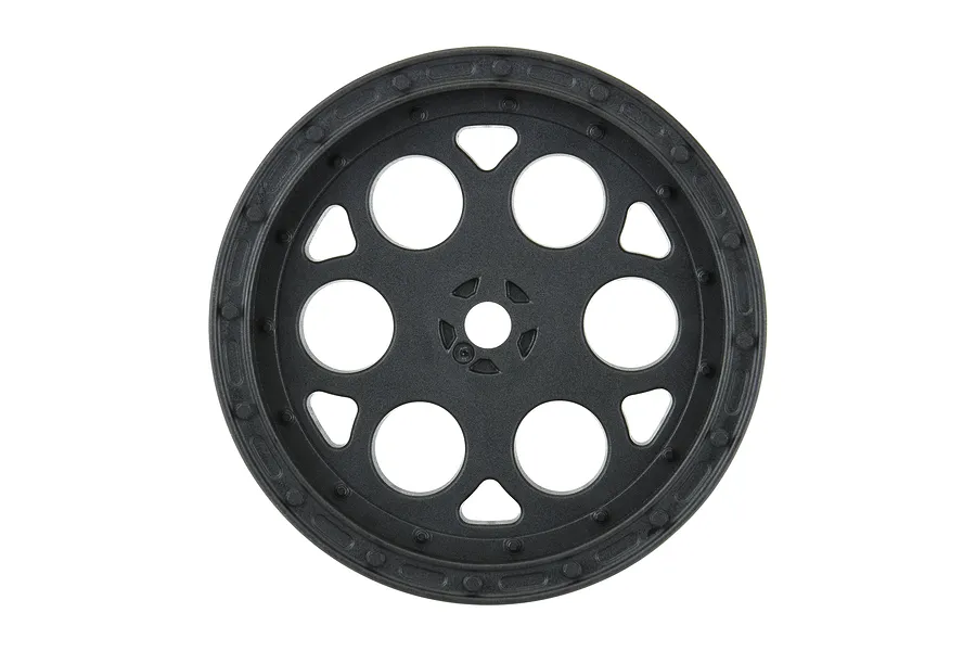 A black Pro-Line Showtime 2.2 inch front wheel for 1/10 scale RC sprint cars, shown from a direct front-on perspective.