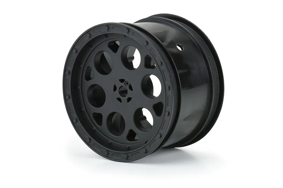 A single black Pro-Line Showtime 2.2 inch rear sprint car wheel for 1/10 scale RC cars, shown at a three-quarter angle against a white background.