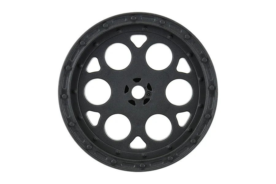 A black Pro-Line Showtime 2.2 inch rear sprint car wheel rim isolated on a white background.