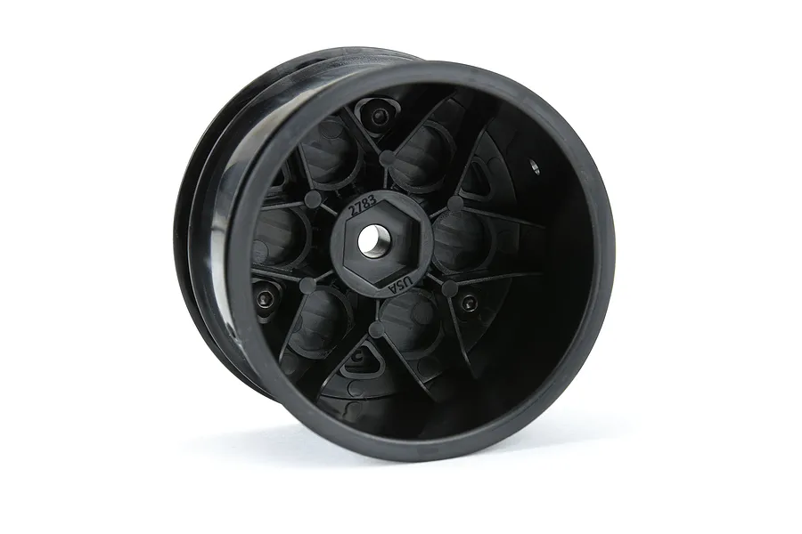 A single black Pro-Line 1/10 scale Showtime rear sprint car wheel viewed from the inside, showing the 12mm hex mount and molded structural spokes.