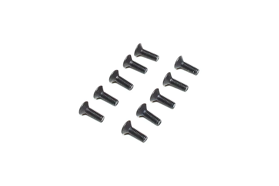 A set of ten black metal flat head screws arranged in two columns against a white background.