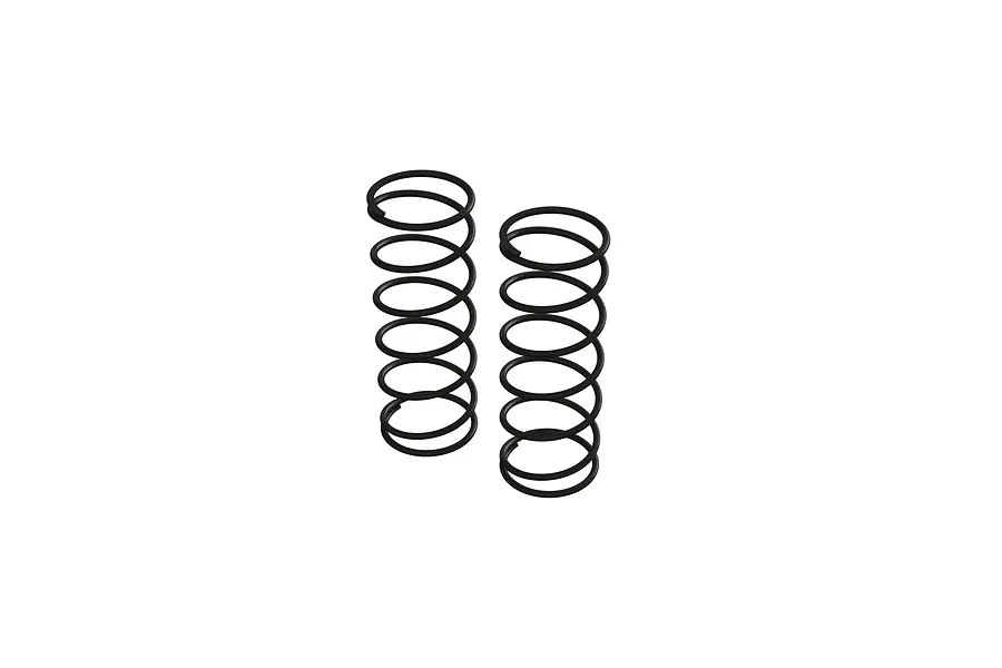Two black cylindrical coil springs for RC shock absorbers placed side by side against a white background.