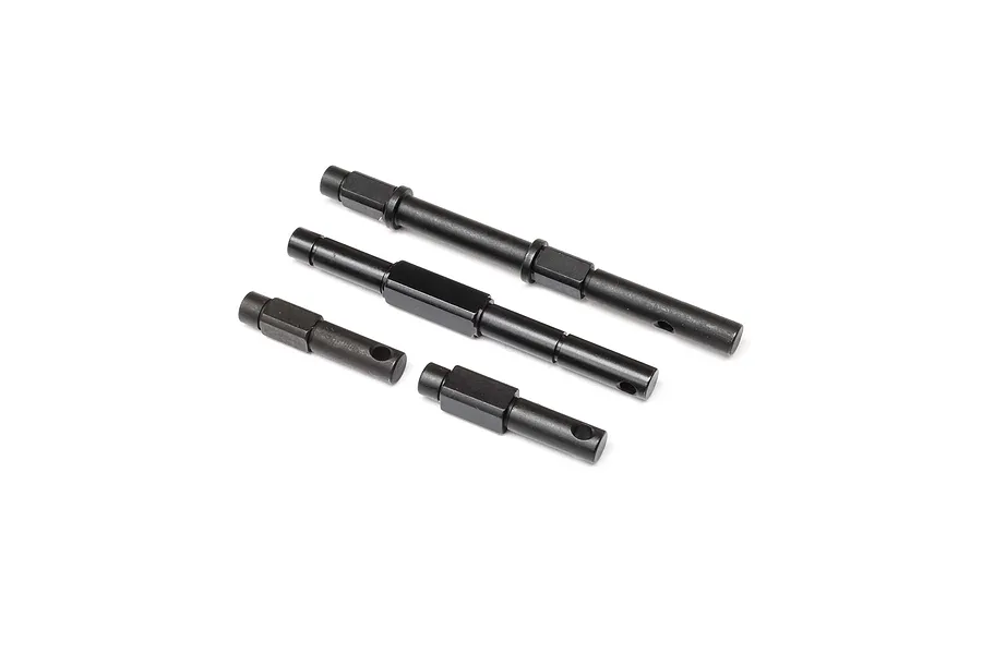 Four black metal transmission shafts for an Axial 1/10 SCX10 PRO Comp Scaler RC car, arranged on a white background.