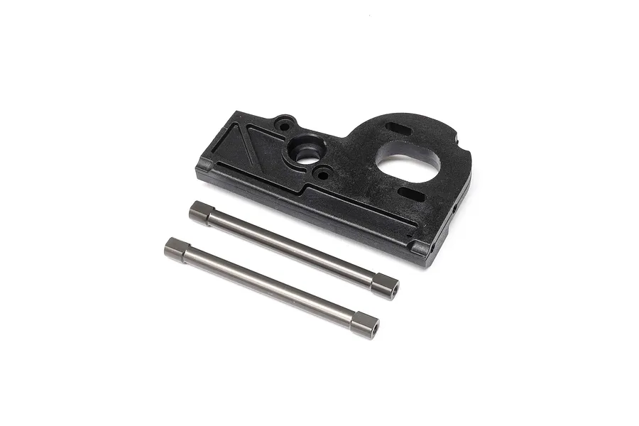 Axial motor mount plate and two metal support posts for 1/10 SCX10 PRO RC crawler.