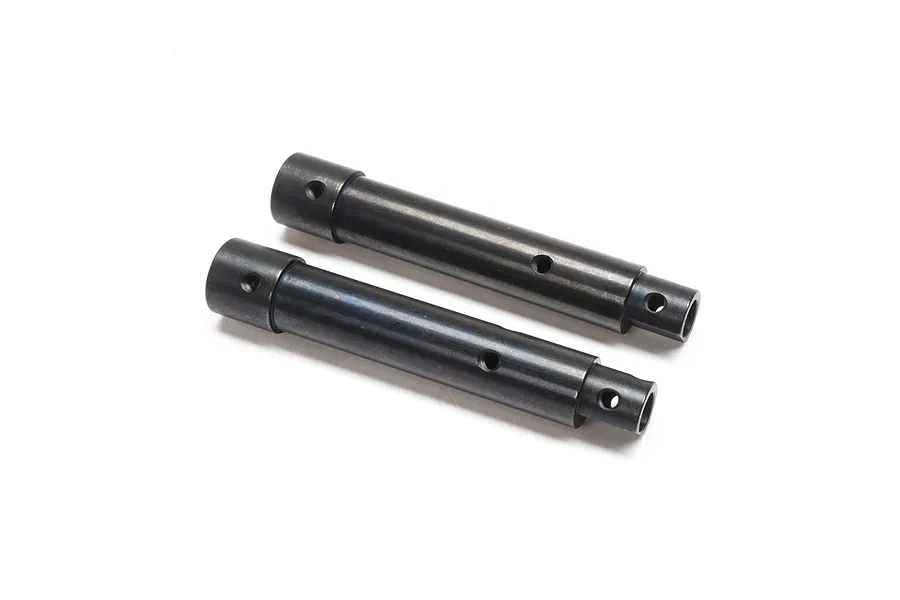 Two black steel axle tubes for an Axial SCX10 PRO RC crawler, shown side-by-side against a white background.