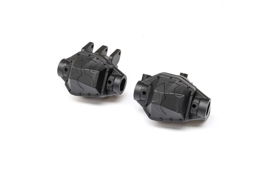 Two black plastic Axial axle center 3rd member housings for 1/10 SCX10 PRO RC crawlers, shown from an angled perspective against a white background.