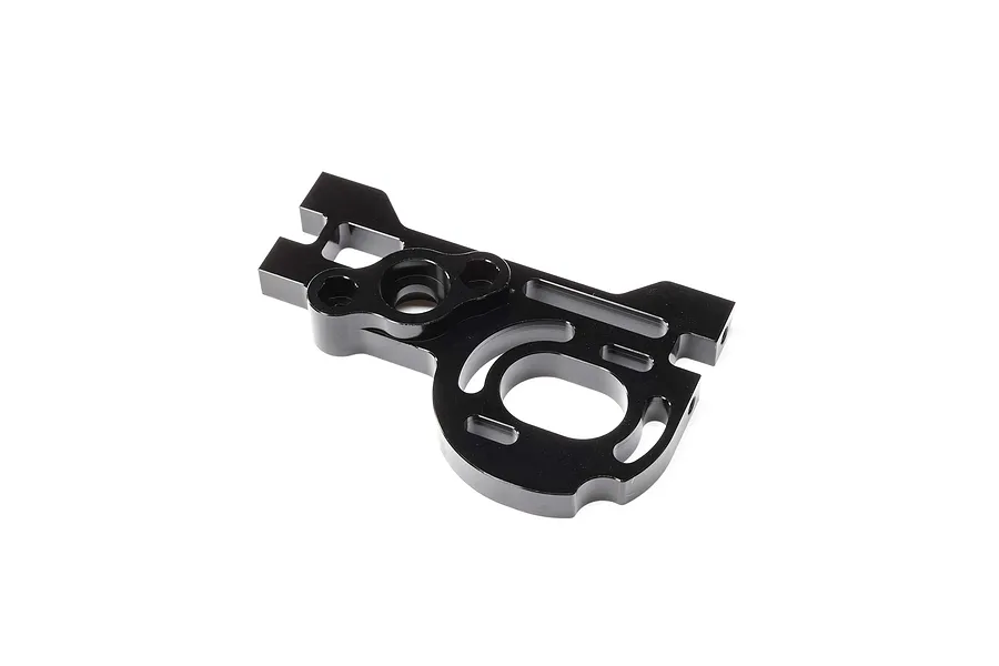 A black machined aluminum motor mount for an RC vehicle, featuring multiple mounting holes and slots for adjustment.