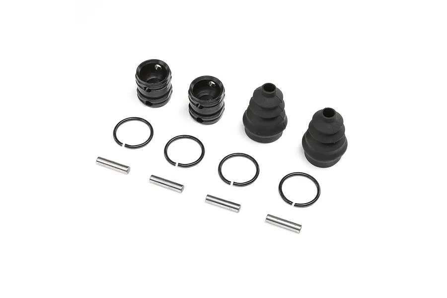 Losi F/R Center Drive Pinion Coupler Set for DBXL 2.0 including metal couplers, rubber boots, metal pins, and retaining clips on a white background.