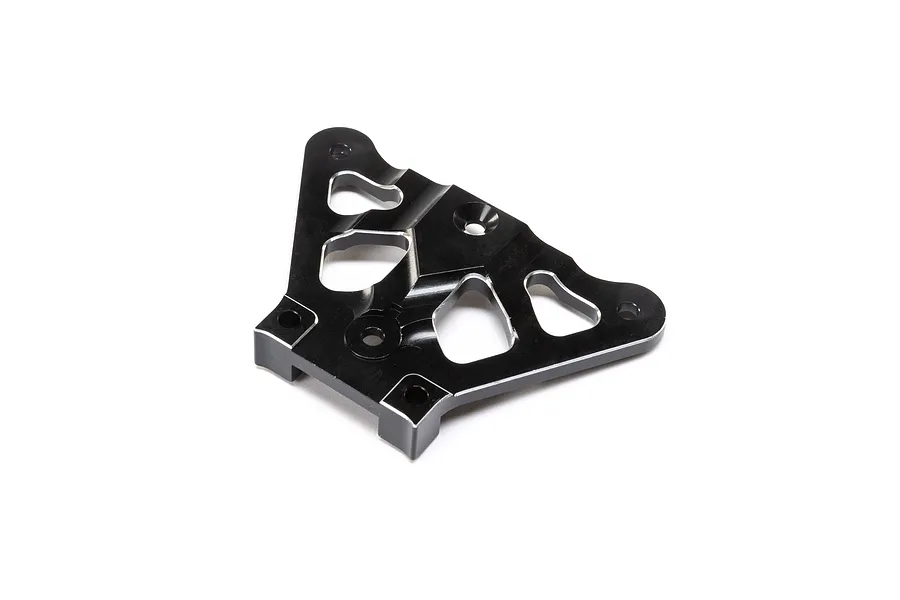 A black anodized aluminum front chassis brace for a TLR RC vehicle, featuring machined cutouts and mounting holes.