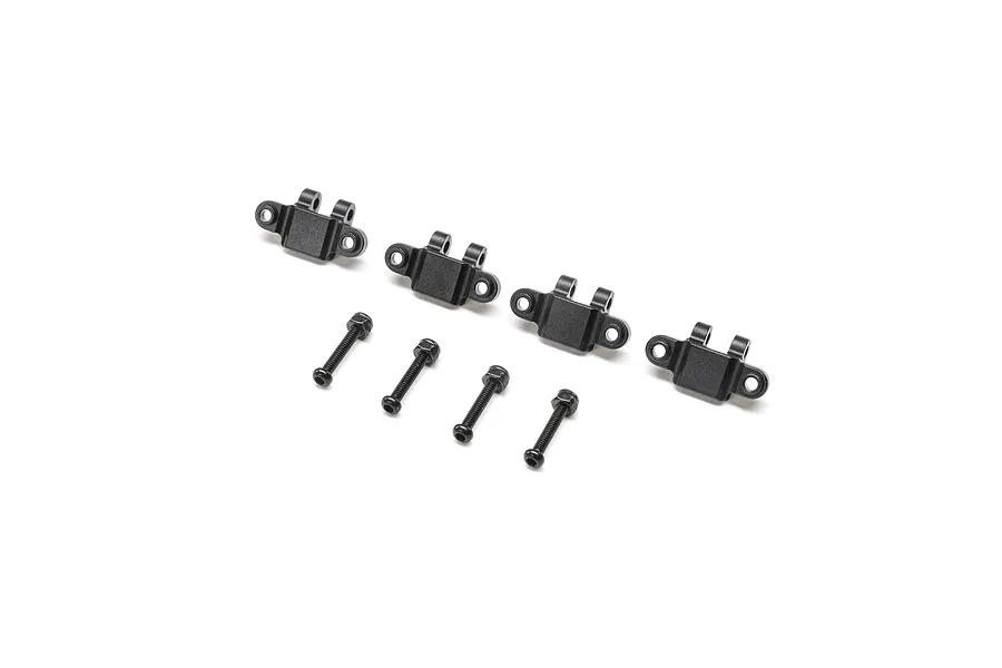 Four black aluminum lower shock mounts and four matching black screws for the TLR Mini LMT RC vehicle.