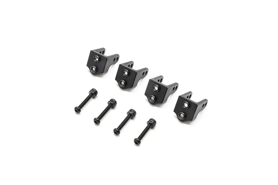 Four black aluminum upper shock mounts and four matching black screws for a Mini LMT RC vehicle.