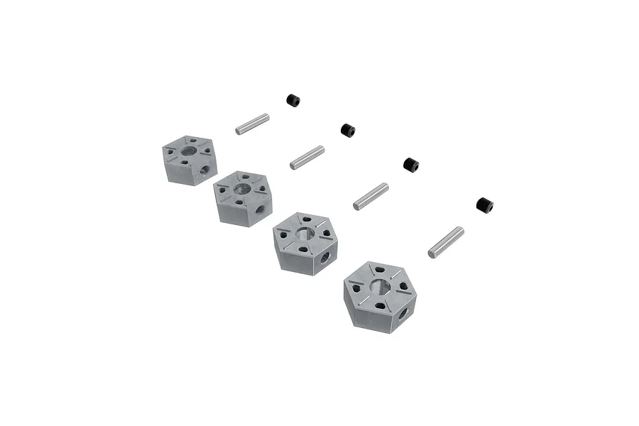 Four silver aluminium 12mm wheel hexes for RC cars, arranged with matching metal pins and small black grub screws on a white background.