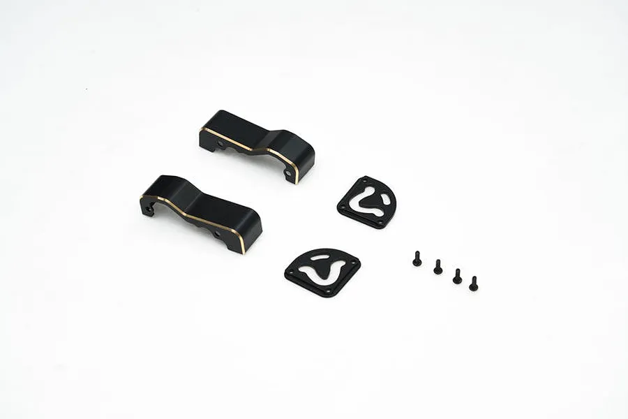 FMS Aluminium Differential Lock Protector Set including two black metal covers, two small plates, and four small screws on a white background.