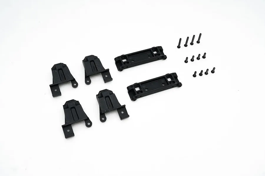 FMS RC shock tower spare parts set including four black plastic tower mounts, two rectangular chassis braces, and twelve small black screws.