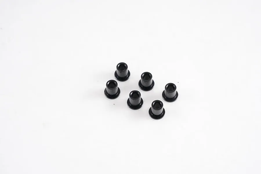 A set of six small black flanged bushings arranged on a plain white background.