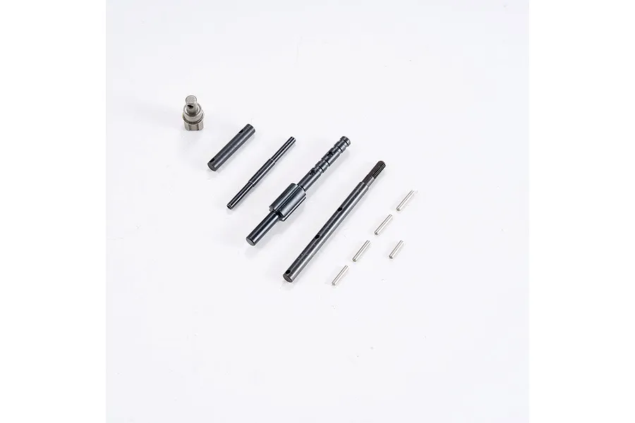 FMS Rear Drive Transmission Gear Shift V2 set including various metal shafts, pins, and a small gear component on a white background.