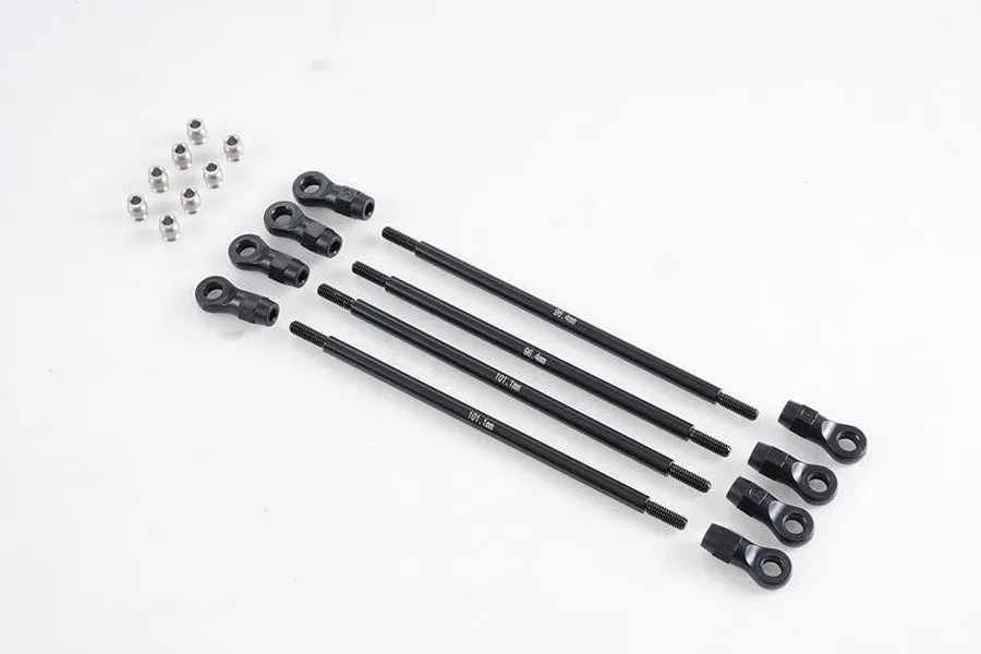 FMS Rear Turnbuckle Set V1 including four threaded metal rods, eight plastic rod ends, and eight metal pivot balls on a white background.