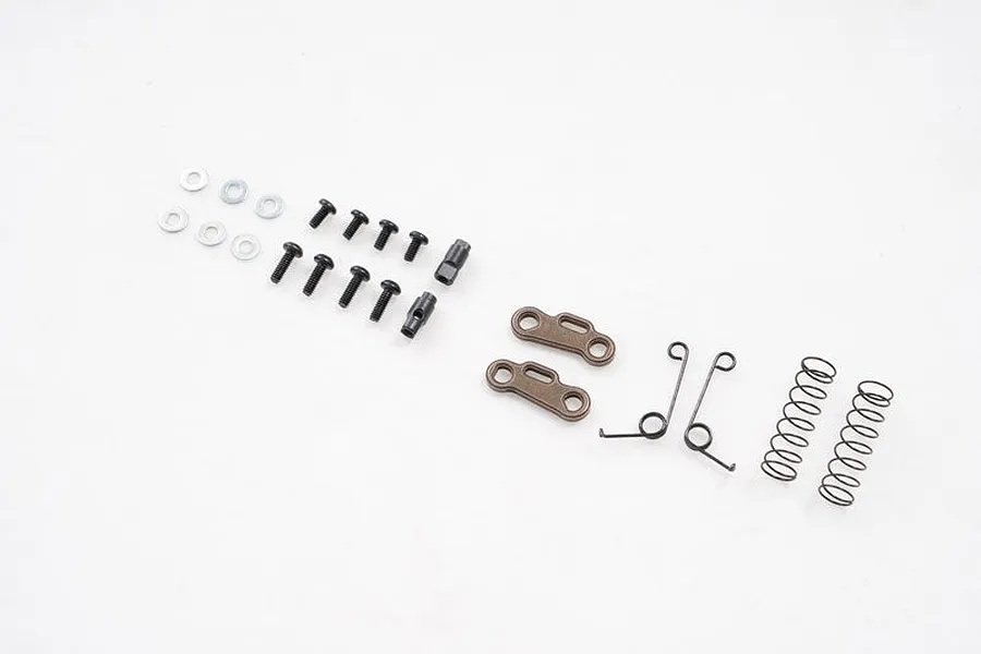 FMS differential locker spare parts set including screws, washers, metal arms, and torsional springs on a white background.