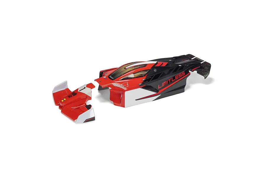 ARRMA 1/7 Limitless painted body shell in red, black, and white with a separate front nose section on a white background.