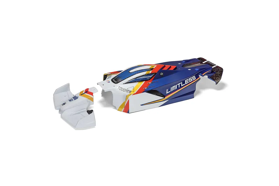 ARRMA 1/7 Limitless painted RC car body shell in white and blue with red and yellow accents, shown with a separate front nose piece on a white background.