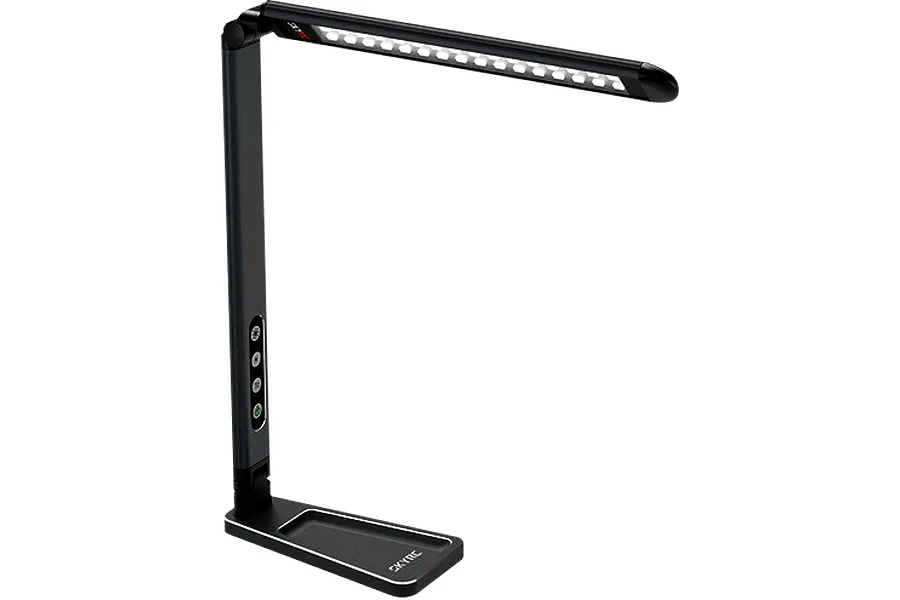 A black SkyRC Pit Light Pro LED desk lamp with a foldable arm, touch-sensitive control buttons on the stem, and a rectangular base.