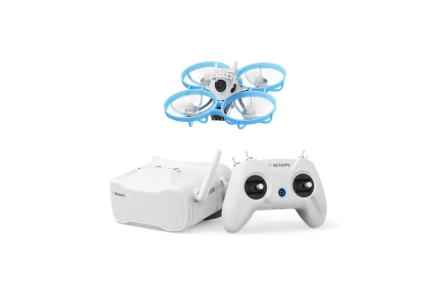 BetaFPV Meteor75 Pro FPV drone bundle including a white and blue drone, white FPV goggles, and a white radio transmitter.