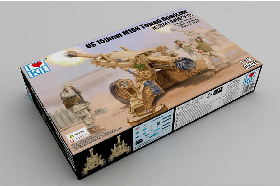 I Love Kit 1/16 scale M198 155mm Towed Howitzer plastic model kit box showing artwork of the artillery piece in action.