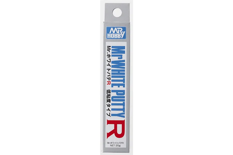 A vertical product box for Mr. Hobby Mr. White Putty-R (Low Viscosity) 25g, featuring blue, red, and black text on a silver background.